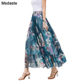Skirts 2019 Summer Mesh Flower Print Elastic Waist Bohemian A-Line Sweet Chiffon Long Female Bottoms Ladies Casual
