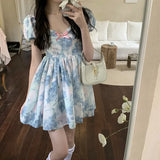 Sweet Lolita Mini Dress For Women Summer Cute Slash Neck Bow Puff Sleeve Dress A Line Princess Dress Vestido
