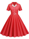 Women Summer Dress Print Plaid Robe Retro Swing Casual Elegant Vintage 50s Rockabilly Dress Party Dresses with Belt