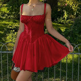Red Corset Strap Frill Mini Dress-Outfit