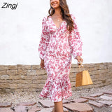 PETAL Plunge Neck Midi Dress For Woman Red Floral Sexy Long Sleeve Bodycon Smocked Dress 2023 Summer Female
