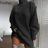 Turtleneck Long Sleeve Sweater Dress Women Autumn Winter Loose Tunic Knitted Casual Pink Gray Clothes Solid