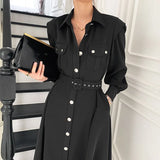 Autumn Women New Fashion Female Puff Sleeve Vintage Solid Midi Shirt Dress Casual Single Breasted Waistband Chic