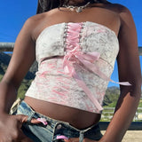 Printed Corset Pink Ribbon Tie-Up Tube Top-Outfit