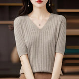 Zingj The Summer Of 2023, Women's Knit Short Sleeve Korean V-Neck Solid Color T-Shirt And A Pit Top-Outfit