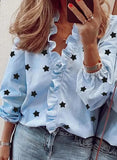 Spring Autumn Sexy Deep V Neck Women Blouses Shirt Fashion Suffles Five Pointed Star Print Office LadiesTops Plus