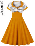 Casual 50s Vintage Women Dress 4XL Ladies Yellow Black Polka Dot Print Robe Rockabilly Swing Party