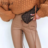2021 Fashion PU Leather Pants Khaki Women Casual Zip Up Pencil Trouser Sexy Autumn Winter Ladies High Waist Pant