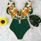 Ruffled Hem Bikini Set Women Flora V-Neck High-Waisted Two Piece Swimsuit 2023 Girl Beach Bathing Suit Swimwear