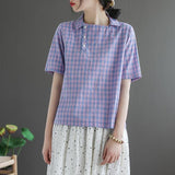 Shirts Women Summer Casual Plaid Tops New 2020 Korean Style Turn-down Collar Female Vintage Blouse High Quality