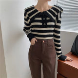 Black And White Striped Sweater Women Korean Fashion Ribbed Preppy Style Sailor Collar Sweater Winter Autumn