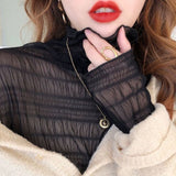 winter women blouse shirt korean style design sense half-collar lace mesh bottoming tops pleated retro sexy