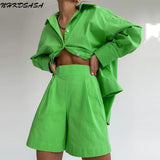 Women Linen Shorts 2 Piece Set Casual Oversize Shirts And Wide Leg Shorts Suits Loungewear Solid Summer Loose