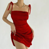 Satin Strap Lace Up Bodycon Sexy Party Nightclub Elegant Dresses for Women Fashion Backless Mini Dress 2022Summer