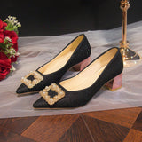 Small Thick With High Heels Spring And Autumn New Fashion Pearl Diamond Buckle Tip In The Heel Single Shoes Fairy Wind Women's