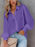 Autumn White Shirt Women Button Up Lantern Sleeve Shirt Ladies Blouse Ruched Loose Shirt For