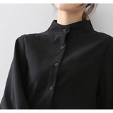 Lantern Sleeve Blouse Women Autumn Winter Single Breasted Stand Collar Shirts Office Work Blouse Solid Vintage Blouse