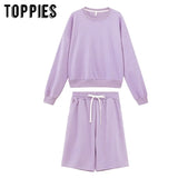 2021 Women Two Piece Set Tracksuits O-neck Sweatshirts Elastic High Waist bermuda shorts solid