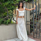 White Lace Tie-Up Top And Maxi Skirt Set-Outfit