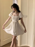 New French Vintage Party Prom Short Sleeve Princess Dress For Women Fashion Hollow Out White Dress Female Clothes