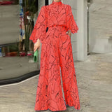 Pattern Printed Wide Leg Pants Office Overall Fashion High Waist Romper Chic New Women Long Sleeve High Collar