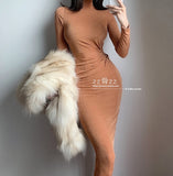 Winter Base French Turtleneck High Fold Waist Pleated Thin Temperament Solid Color Long Sleeve Dress Long Dresses