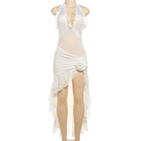 2025 Fashion Trend Women's New Hanging Neck Bare Back Body Solid Color Lotus Leaf Side