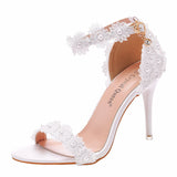 Cm High-Heeled Sandals Bridesmaid Wedding Buckle Lace Flowers Fine Fish Mouth Roman