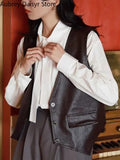 V-neck Leather Vest Women Korean Fashion Cropped Streetwear Vest Leather Vintage Casual Sleeveless Leather Outwear 2023