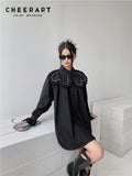 High Fashion Black Heart Collar Shirt Dress For Women 2022 Lantern Long Sleeve Desinger Mini Dress Runway