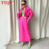 Fashion Cotton Pink Two Piece Sets Womens Outifits Autumn Slim Long Sleeve Shirts With Hollow Out Pencil Skirts Sets