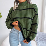 Shooting 2025 Autumn And Winter Casual Striped Lantern Sleeve Half-High Collar Knitted Sweater Women's