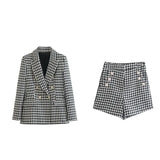 Zingj Autumn New Women's Wear Thousand Bird Case Double Breasted Suit Jacket Thousand Bird Case Casual Shorts