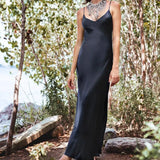 2022 Summer Women Long Silk Dress Spaghetti Strap Loose Split Sexy Maxi Satin Slip