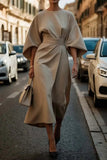Women's Fashion Temperament Elegant Solid Color Waist Dress Casual Bat Sleeve