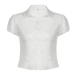 White Slim Waist Short Sleeve BlouseOutfit