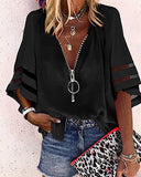 New V-Neck Zipper Shirt Half-Horn Sleeve Grid Spliced Loose Casual Shirt For