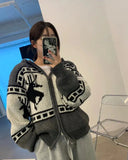 Deer Jacquard Hooded Knitting Zipper Cardigan- Outfit