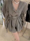 Sunscreen Suits OL Shirts Women Long Puff Sleeve New 2022 Summer Solid Close Waist Fashion Sexy Wide Leg Shorts