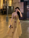 New Female Slash Neck Dress Fashion Flower Decorate Fairy Vestidos Women Elegant Gauze Princess Beach Puff Dresses