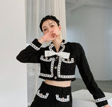 Tweed Two Piece Sets Womens Outifits Black Wool Blends Crop Jacket And Mini Skirt 2 Piece Sets Ladies Suit