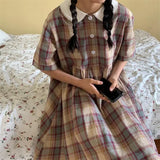 Women Peter Pan Collar Retro Plaid Harajuku Kawaii Girl Loose Preppy Style Leisure Summer Popular Ulzzang Midi Vintage