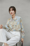 Vintage Floral Print Korean Blouse Women Long Sleeve Top Button Up Skew Collar Shirt Fall 2020 Ladies Top