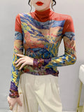 Women's Fashion Printing Long Sleeve Half High Neck Mesh T-shirts Female Positioning Flower T Shirt