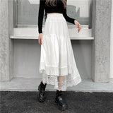 Gothic Tulle Pleated Skirt Black Lace Stitching Irregular Midi Skirt Women Vintage High Waist Long Skirt Korea Solid Hip
