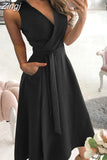 Women Summer Long Dress Short Sleeve V Neck Solid Vintage Elegant Chic Shirt Dress With Belt Office Ladies Party