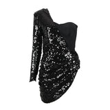 Women Bandages Dress Sexy Sequins One Shoulder Patchwork Clothes 2022 New Celebrity Party Club Mini