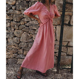 Spot 2025 Autumn New Fashion Temperament High Waist V-Neck Long Holiday Cotton And Linen