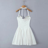White Halter Embroidery Solid Mini Dress- Outfit