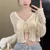 Zingj Thin Money Lace Up Sunscreen Outside Cardigan Long Sleeve Wear Jacket Hot Girl Hollow Out Knit Small Coat Female-Outfit